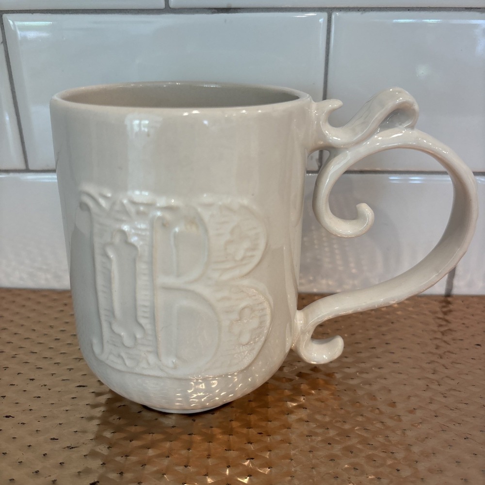 Pottery Barn A-Z Monogram Raised Letter B Coffee Tea Cup Mug Ornate Handle Ivory